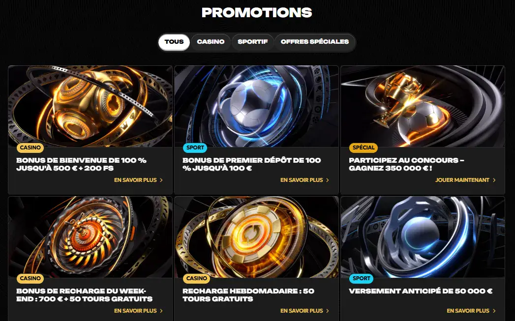 Promotions Spinsi avec bonus de bienvenue, bonus de premier dépôt, concours et offres de recharge
